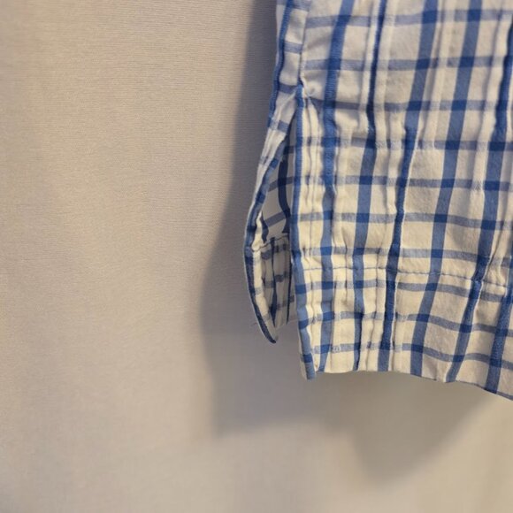 FOXCROFT NYC SIZE 10 SHAPED BLUE WHITE STRIPE TUNIC 3/4 SLEEVES VNECK CRINKLE - Picture 8 of 11